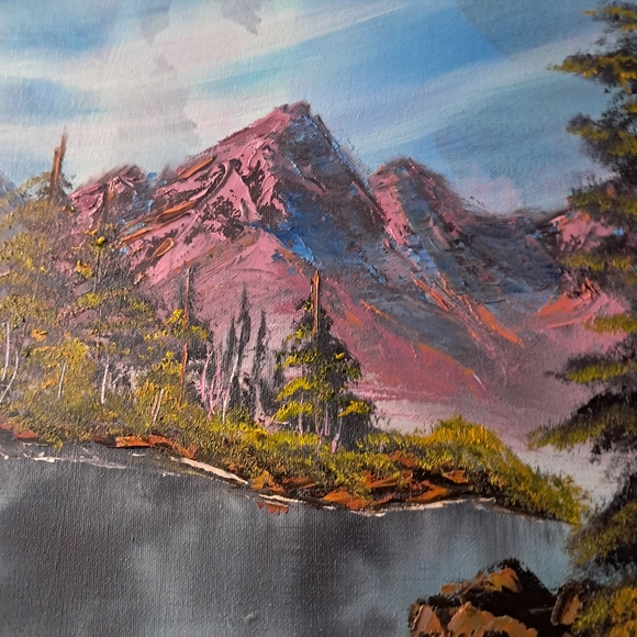 Bob Ross Inspired Hand Painted Canvas Purple Mountains Big Evergreen Trees - Picture 5 of 6